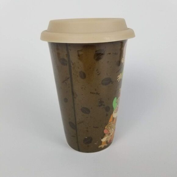 Disney Snow White Travel Coffee Mug Cup Tumbler Grumpy Dopey Dwarf Ceramic w Lid - Picture 2 of 9